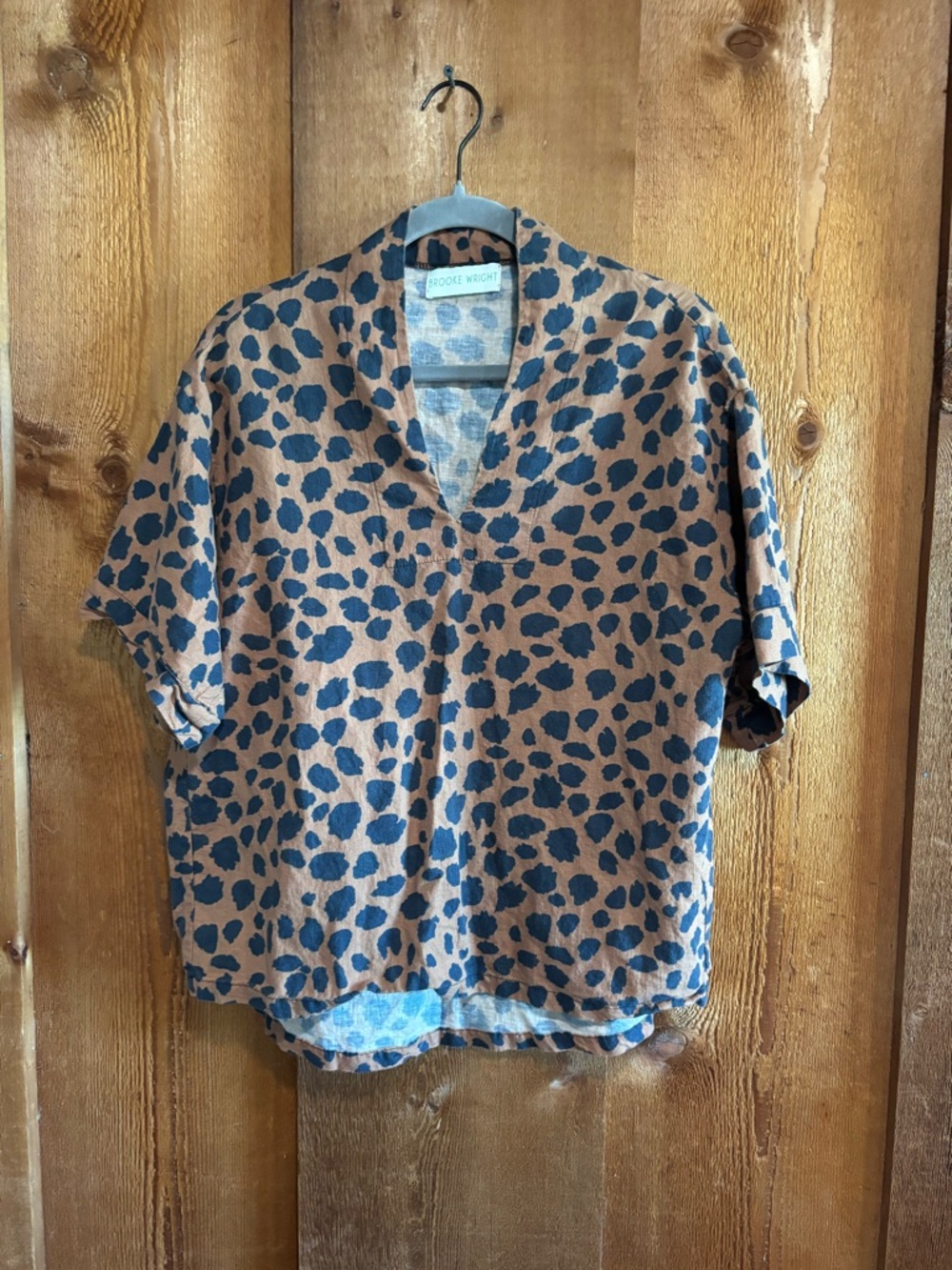 Brooke Wright Linen Cotton Leopard Animal Print V Neck Short Sleeve Top Blouse